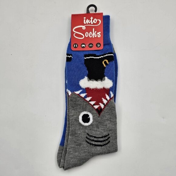 IntoSocks Novelty Christmas Socks Santa Leg in Shark Mouth Blue Mens Size 7-12 - Picture 1 of 6